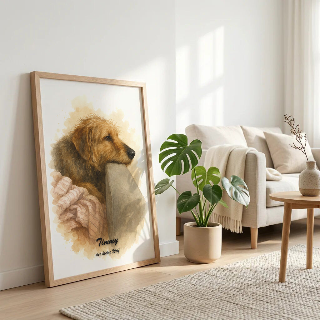 Ein Personalisiertes Tierportrait im Aquarell Stil von Mein Tierportrait in Eichenholz Rahmen zeigt einen braunen Hund mit Decke und lehnt in einem modernen, hellen Wohnzimmer mit beigem Sessel, grünem Pflanzentopf und hellem Holzboden an der Wand.