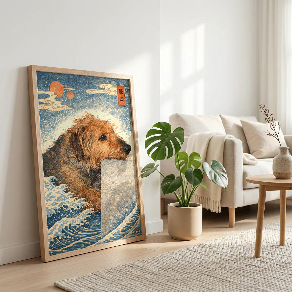 A framed "Personalisiertes Tierportrait im Hokusai-浮世絵 Stil" von Mein Tierportrait mit einem Hund und Wellen steht im hellen Wohnzimmer neben einem grünen Blumentopf, beigem Stuhl und einer hellen Kuscheldecke auf dem Boden.